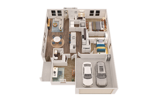 A 3D floor plan of a house with two bedrooms, a living room, a kitchen, a dining room, and two garages.